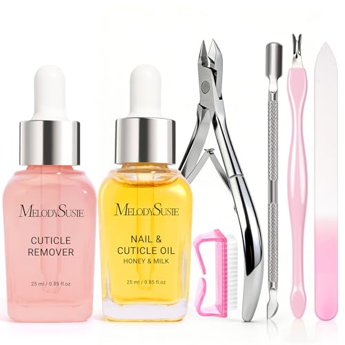 MelodySusie Cuticle Remover Kit,25ML Cuticle Remover Cream and Cuticle Oil,Cuticle Nipper Trimmer Pusher, Nail File and Brush for Cuticle Softener & Moisturize Manicure Kit for Nail Care