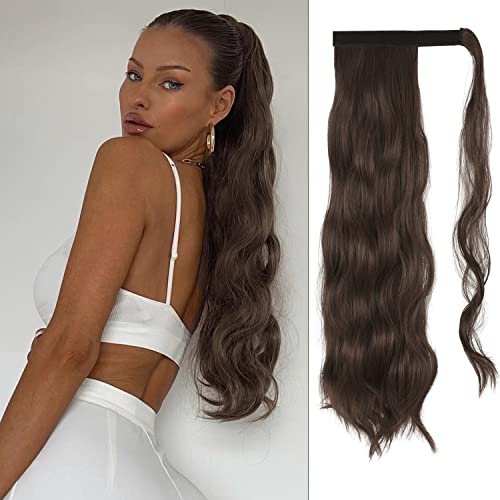 FESHFEN 60 cm Lang Wellig Pferdeschwanz Extensions Lockig Clip in Ponytail Wavy Curly Synthetik Haare Extensions Haarverlängerung Zopf Haarteil Ponytail für Frauen, Mittelbraun & Hellbraun gemischt Cover