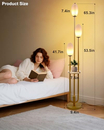 Image of Gold Dimmable Floor Lamp with Table, UniqueTall Standing Lamps with 3000K G9 Bulbs for Reading, Mid Century Modern Floor Lamp with 5Lbs Heavy Base for Living Room Bedroom Office