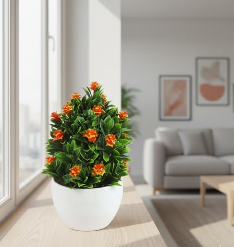 Image of Foliyaj Artificial Plant with Orange Roses in White Pot for Interior Decor | Faux Plant for Desks, Shelves and Side Tables for Your Home and Office | Fake Plants for Indoor Decoration