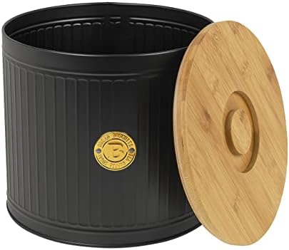 Homiu Bread Bin with Bamboo Lid, Black and Wooden Bread Box Round, Kitchen Corrosion-Resistant Carbon Steel, Lid Doubles as Cutting Board, Essential Storage Set