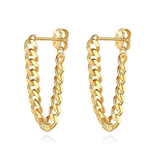 925 Sterling Silver Cuban Link Chain Dangle Drop Stud Earrings for Women, 18K Gold Plated Wrap Tassel Earrings