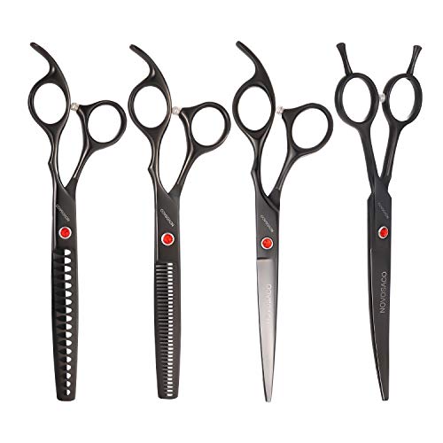 NOVOSACO 7-Zoll Professionelle Hundescheren Set, Haustier Pflege Schere Gerade, Gebogen, Modellierschere, Chunker Fellscheren für Hunde Katzen, rostfrei (01-Set (Schwarz)) Cover