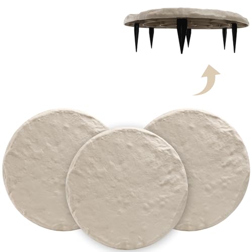 MARCHROSE 4Pcs Round Beige Stepping Stones Outdoor Garden Walkway, Durable Plastic Pavers for Patio, Pathway, and Landscaping, Weatherproof Stepping Stones with Ground Stakes for Easy Installation
