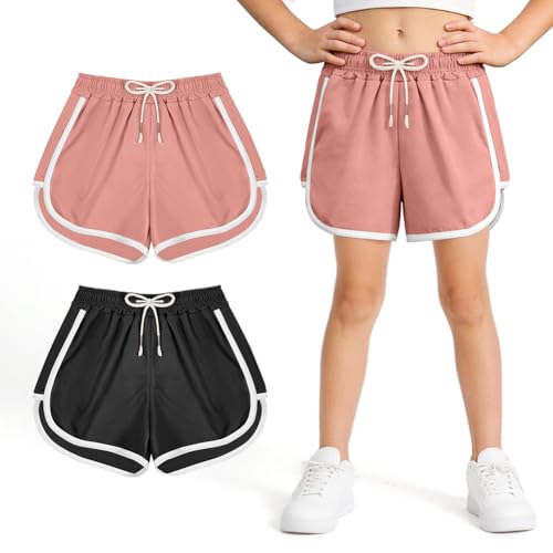 DiULi Sportshorts Mädchen, 2er Mädchen Active Shorts, Kurze Hose Kinder Gym Radlerhose Gilr's for Sommer (Schwarz+Rosa, 150 cm)