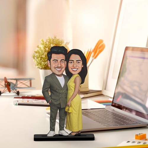 Image of Wood Rectangular Personalized Caricature Gift for Couple, 7 Inches, Tabletop Multicolor, Art Deco Style (Couple 7)