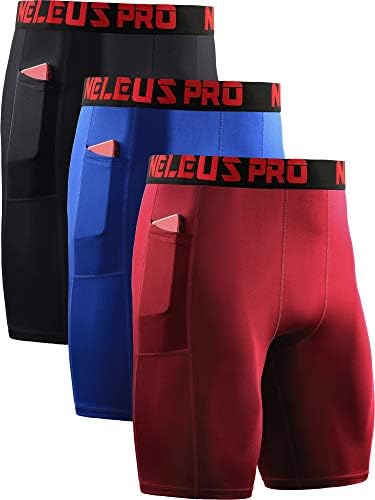 NELEUS Men's 3 Pack Compression Shorts with Phone Pockets,6064,Black/Blue/Red,US 2XL,EU 3XL