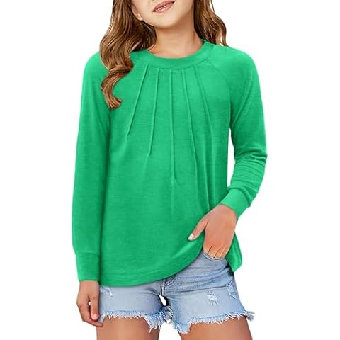 storeofbaby Girls Green Tops Crewneck Solid Blouses Stylish Front Pleats Shirts Cover