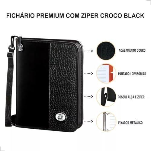 Fichário Preto Croco Black Universitário Completo Ziper Alça Universitário