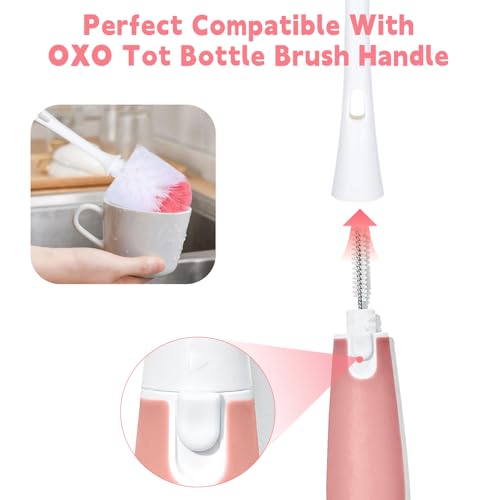 Bottle Brush Replacement Head - Compatible with OXO Bottle Brush. White and Pink (Pack of 2).
