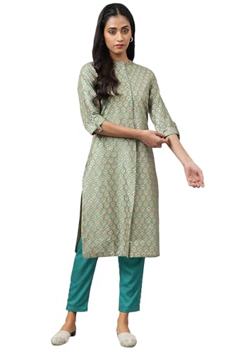Image of W for Woman Floral Printed Beads Shantung Straight Kurta and Slim Pant Set