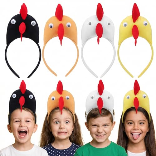 ABOOFAN 4pcs Chicken Headbands Funny Rooster Animal Headband Hair Hoop for Adults Kids Costume Accessories Birthday Easter Halloween Casual Parties Random Color