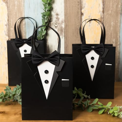 Crisky 6 Pack Classic Black 3D Tuxedo Gift Bags Real Bow Tie, Buttons for Groomsman Father's Birthday Anniversary Wedding Favor 10" x8" x4" - Thumbnail 2