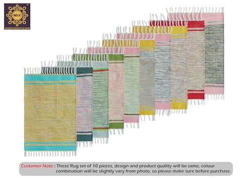 Image of MDZ Hand Woven Cotton Modern Assorted Border Rug | Size: 16 inchx24 inch Inch or 40x60 cm | Color: Assorted Multi | Machine Washable | Eco Friendly | Multi Uses (Combo of 10 Pcs.)