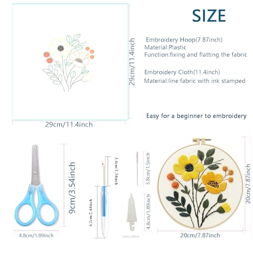 Image of Zhenqing 3-Pack Floral Embroidery Kit for Beginners with Printed Patterns - Complete Embroidery Set with Hoop, Threads, Cotton Fabric & Tools for Home Decor (C0153)