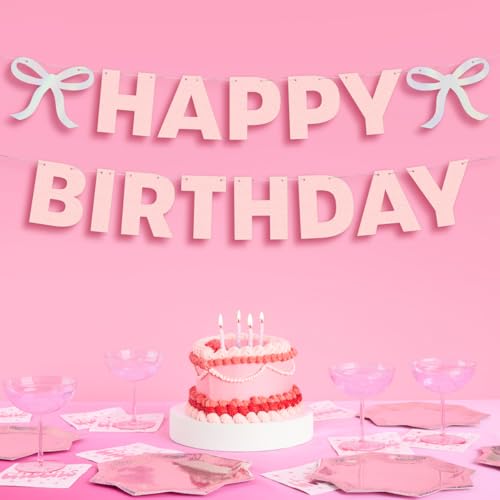 xo, Fetti Happy Birthday Banner, Foil + Pink Glitter | Princess Party Decorations, Bow Garland, 21st Decor, Coquette Graduation, Girls Bday Sign