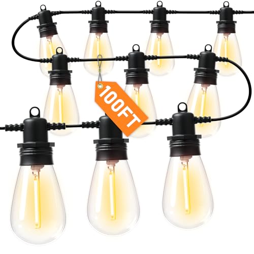 Jerritte 100FT LED Outdoor String Lights with 30 Edison Shatterproof IP65 Waterproof Bulbs, 2700K Dimmable Commercial Grade Patio Lights, Heavy Duty Outside Hanging Light for Garden Porch Deck Decor