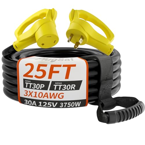 PlugSaf 25 FT 30 Amp RV Extension Cord Outdoor with Grip Handle, Flexible Heavy Duty 10/3 Gauge STW RV Power Cord Waterproof with Cable Organizer, NEMA TT-30P to TT-30R, Black-Yellow, ETL Listed