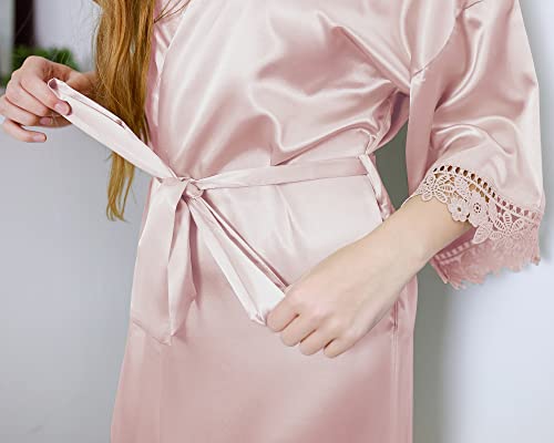 AW BRIDAL Pink Silk Robe Sexy Satin Robes for Women with Lace Trim Kimono Bride Robe Bridesmaid Robes for Bridal Party, S
