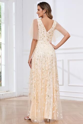 Women's Ruffle Sleeve Mother of The Bride Dresses for Wedding V Neck Sequin Long Evening Formal Gown with Slit3