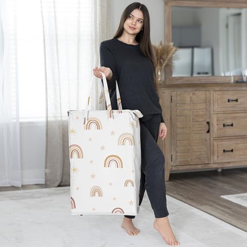 Image of Sweet Jojo Designs Boho Rainbow Girl Laundry Hamper Foldable Dirty Clothes Basket with Handles Baby Nursery Kids Bedroom Teen Bathroom Blush Pink Yellow Bohemian Modern Neutral Vintage Gold Stars Sky