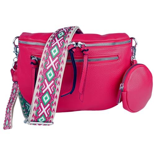 MIRROSI® Bauchtasche Damen, Veganleder 30x20x9cm, Umhängetasche, Brusttasche, Crossbody bag, Kunstleder leder, verstellbare Schulterriemen Bohemian Style (Fuchsia)