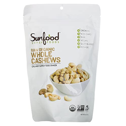Sunfood Superfoods Raw Organic Whole Cashews - Raw Cashews, Organic Cashews Unsalted, Whole Natural Cashew Nuts Bulk, Gluten Free, USDA Organic - 8 Oz Bag