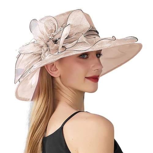Tea Party hat Women Organza Kentucky Church Derby Hat Wedding Occasion Floral Wide Brim Fascinator Dressy Sun UV Protection Cap Pink One Size
