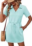 Deer Lady Lässiges Sommer-T-Shirt-Kleid für Damen, Kordelzug, kurze Ärmel, V-Ausschnitt, Mini-Etuikleider mit Taschen, Mint Blau, XX-Large