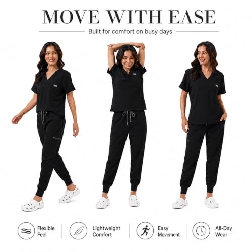 YEZEX Scrubs for Women Set, Stretch V-Neck Top & Jogger Scrub Pants, Black — view 2