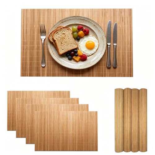 4-Pack Bamboo Placemats,Woven Heat-Resistant Rectangular Table Mats,Natural Dining Place Mats,Rustic Japanese Style Wood Mats for Indoor Dining,Kitchen and Party Use, Coffee