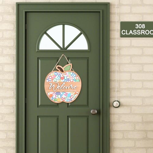 Image of HPNIUB 3D Welcome Sign for Classroom Door Decorations, Back to School Hanging Wood Sign(10.6x11.4inch), Colorful Apple-shaped Welcome to Our Classroom Plaque for School Bulletin Board Teacher Supplies