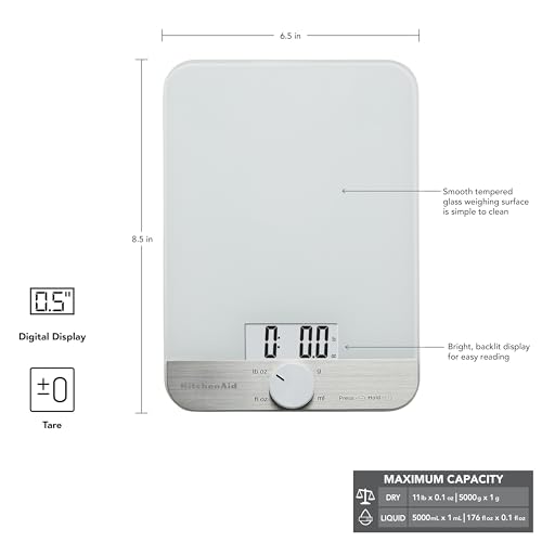 KitchenAid KQ908 Glass Surface 11 Pound Capacity Digital Kitchen and Food Scale, White
