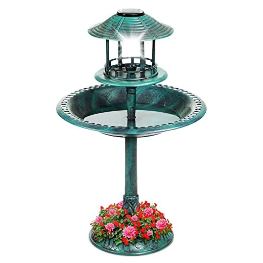 Best Choice Products Solar Outdoor Bird Bath Vintage Resin Pedestal Fountain Decoration for Yard, Garden w/Planter Base, Feeder, Decorative Bird Cage, Fillable Stand - Green