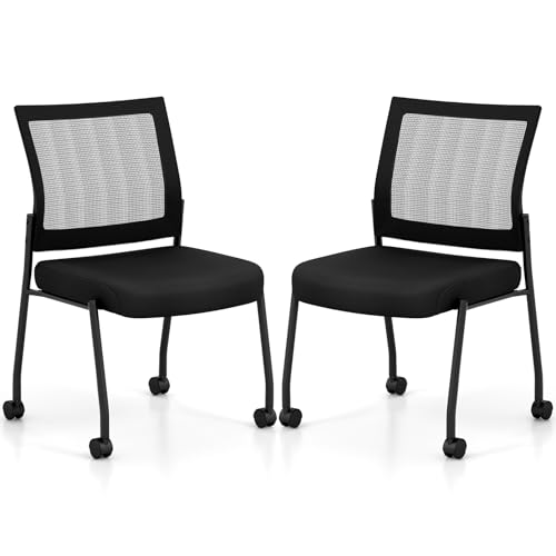 COSTWAY 2 Sillas Sala de Espera sin Brazos, Respaldo de Malla y Asiento Acolchado, Sillas Confidente con Ruedas, Silla Oficina, Carga 125kg, Negro