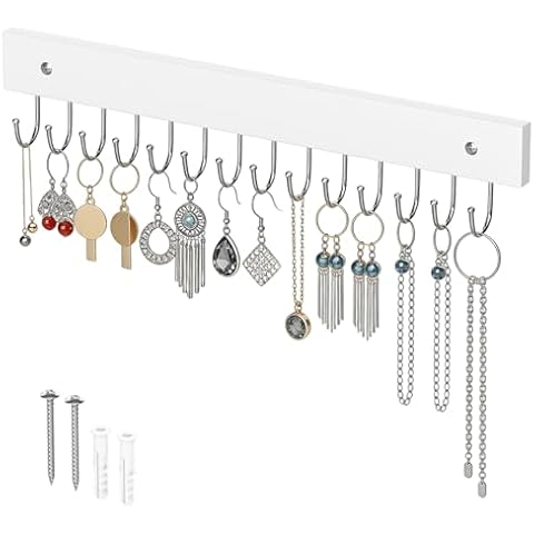 QTJUST Necklace Holder Wall Mounted Jewelry Organizer Wooden, Hanging Earring & Ring Bracelet Storage, Decorative Space-Saving Jewelry Display (White, 1Pack) Cover
