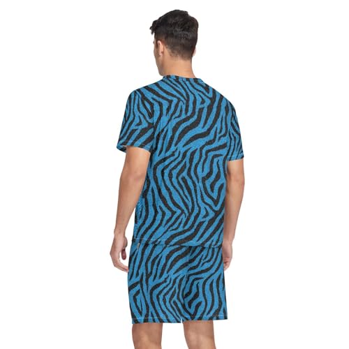 Blue Zebra Print Men’s Pajama Sets Short Sleeve Shirt and Pants with Soft Touch Fabric2
