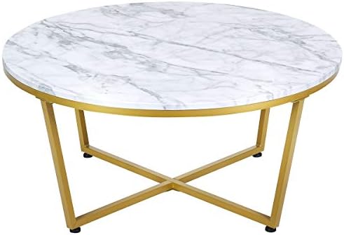 COSTWAY Round Coffee Table, Faux Marble/Rustic Wooden Cocktail Table Snack Tea Table, Metal Frame Accent Sofa Side End Table for Living Room, Bedroom and Office (Modern Round Large)