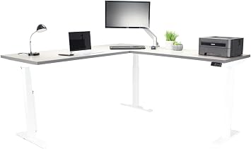 Lift It, Electric Sit Stand Height Adjustable 72"x30" I 48"x24" L-Shape Office Desk for Office or Home, Dual Motor and 4 Memory Digital Control with USB Charging, Grey Pattern Top, White Frame