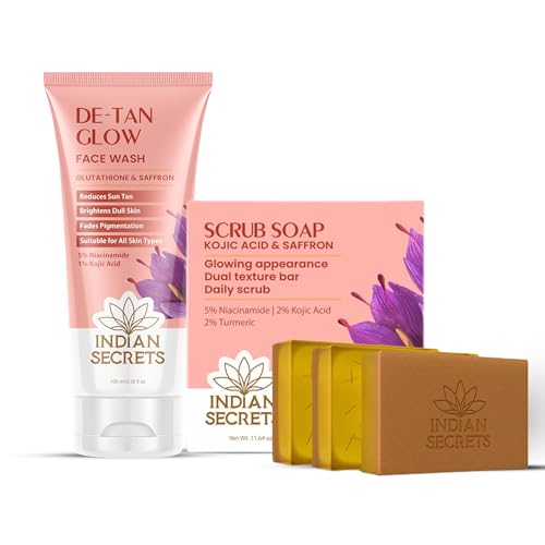 Image of Glow Combo | De-Tan Face Wash & Scrub Soap (Pack of 3) For Brightening & Glowing Skin | Kojic Acid, Saffron, Glutathione, Niacinamide, Turmeric | Reduces Tan | For Men & Women, Pack of 2