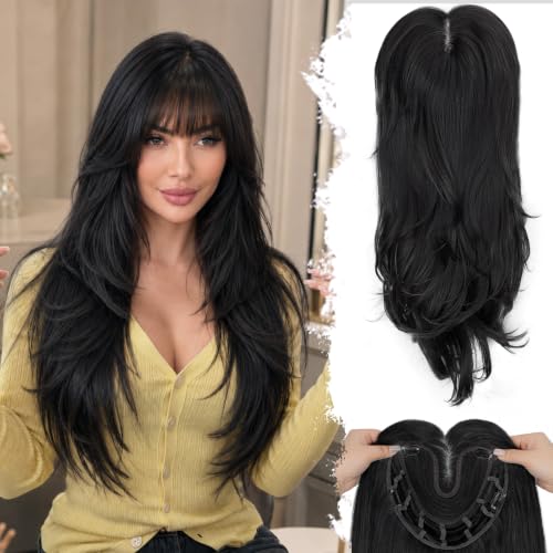 ALXNAN 26 Inch Jet Black Topper with Bang for Thinning Hair