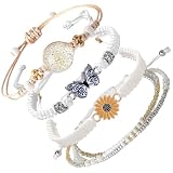 【Braccialetti Amicizia】Set di 4 braccialetti Bianco: un braccialetto con fiore, un braccialetto con farfalla, un braccialetto con margherita e un braccialetto con perline. I loro colori semplici ed eleganti aggiungeranno sicuramente un tocco di raffinatezza al tuo look quotidiano.