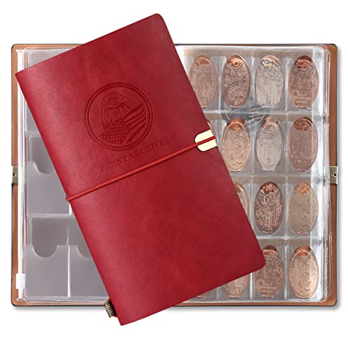 MUDOR Pressed Penny Collection Book with Diary, Holds 203 Coins,Red