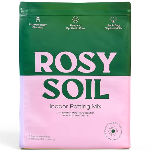 Rosy Soil Indoor Potting Soil for House Plants - Potting Soil Mix for Indoor Plants - Enriched w/Root-Boosting Biochar for Foliage Plants, Flowers, Herbs, Tropicals - Peat Free House Plant Soil - 8qt