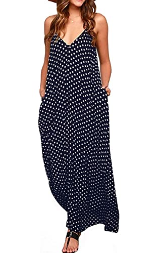 LILBETTER Women's Casual Sleeveless Deep V Neck Summer Beach Maxi Long Dress(Navy Blue,X-Large)