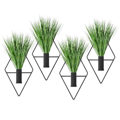4 – Pack Metal Diamond Hanging Planters with Artificial Ferns – Contemporary Geometric Wall Decor for Indoor Spaces
