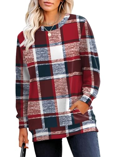 RUMIA Crewneck Fall Sweatshirts for Women Trendy- Women's Plain Long Sleeve Pullover Tops with Pockets Fashion