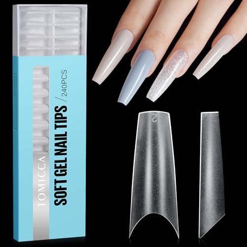 TOMICCA Long Coffin French Edge Nail Tips, 240pcs Half Cover Clear False Nails, Acrylic Artificial Extensions for Salon, 15 Sizes