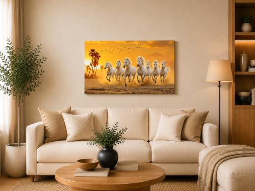 Image of 7 Horse Vastu Sunrise Canvas Painting | Positive Energy Wall Decor | Big Size Premium Running Horses Artwork for Home, Office & Hall Decoration (Modern, Sky Horse, 26x18 Inch)