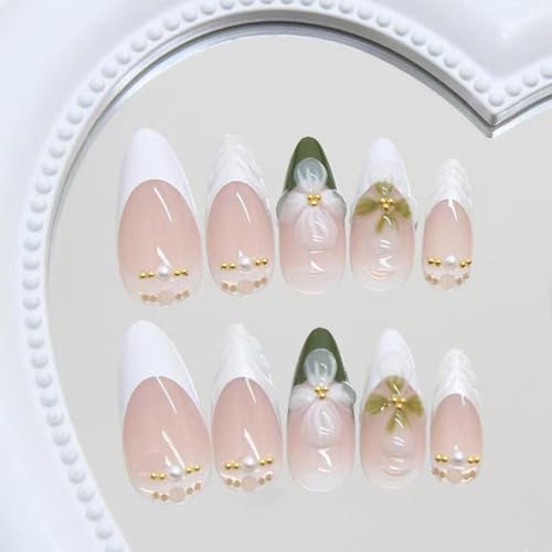 Image of Flower Press on Nails Green Fake Nails Medium Almond False Nails with Pearl Design White French Tip Glue on Nails Glossy Artificial Acrylic Full Cover Nude Stick on Nails for Women Manicure 24Pcs